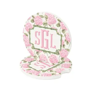 Pink Hydrangea Car Coasters, Custom Monogram Sandstone Auto Accessories