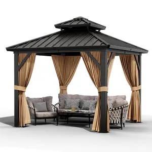 10*10FT Double Roof Hardtop Outdoor Gazebo, Vertical Striped Galvanized Steel Canopy with Aluminum Frame, Comes with Netting and Curtains for Garden Use lawn summervibes