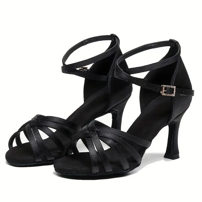 2.76inch Heel High Diamond Buckle Upgraded Satin, Professional Latin Dance And Ballroom Dance Shoes With Fur Sole, Suitable For Indoor Use, Suitable For Professional Dancers Black Footwear