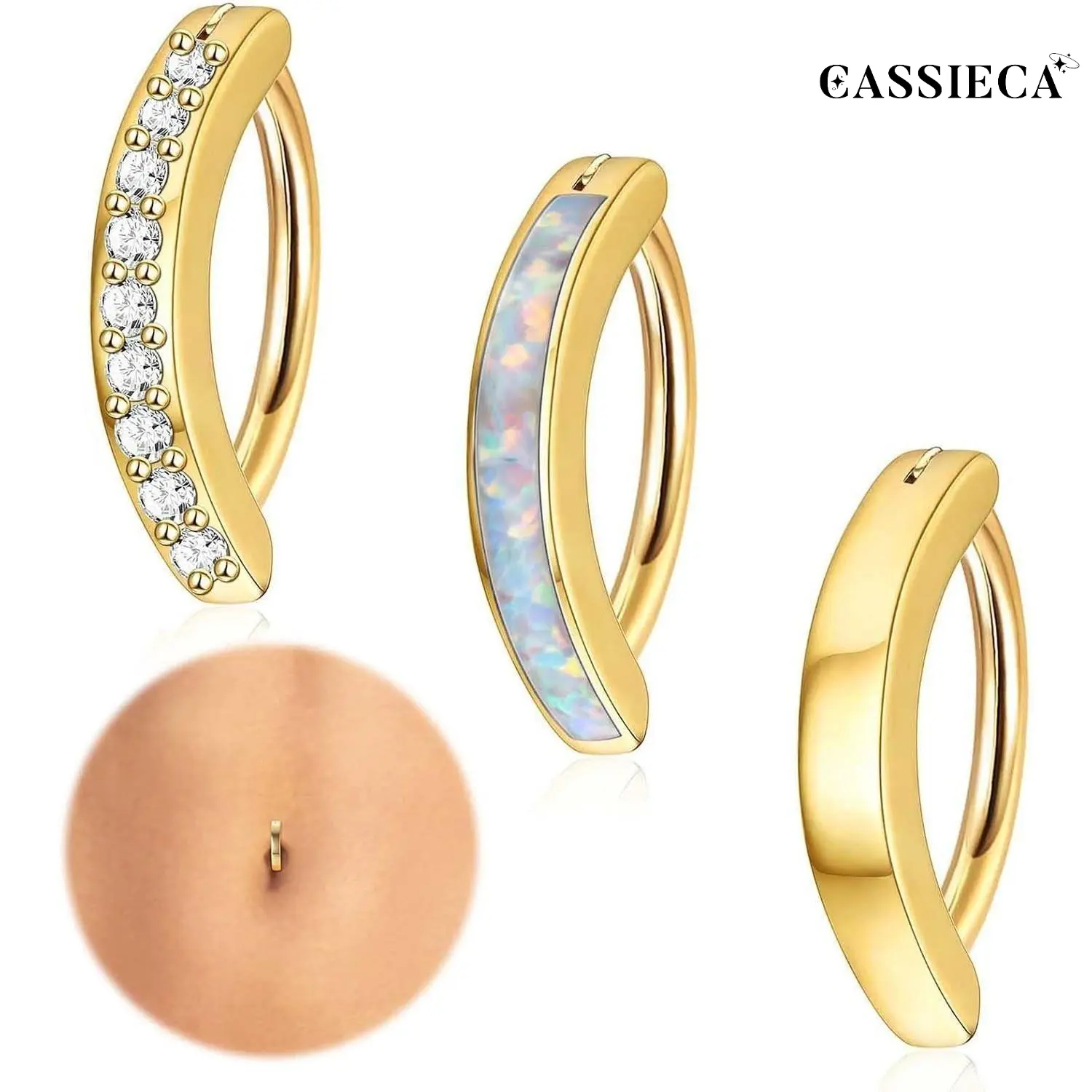 CASSIECA Women’s 3Pcs 14G Body-Safe Piercing Jewelry Set, 316L Surgical Steel Hypoallergenic Belly Button Rings with Cute Cubic Zirconia Opal Small Hoops, Dainty Reverse Navel Fashion Body Jewelry for Daily & Casual Wear