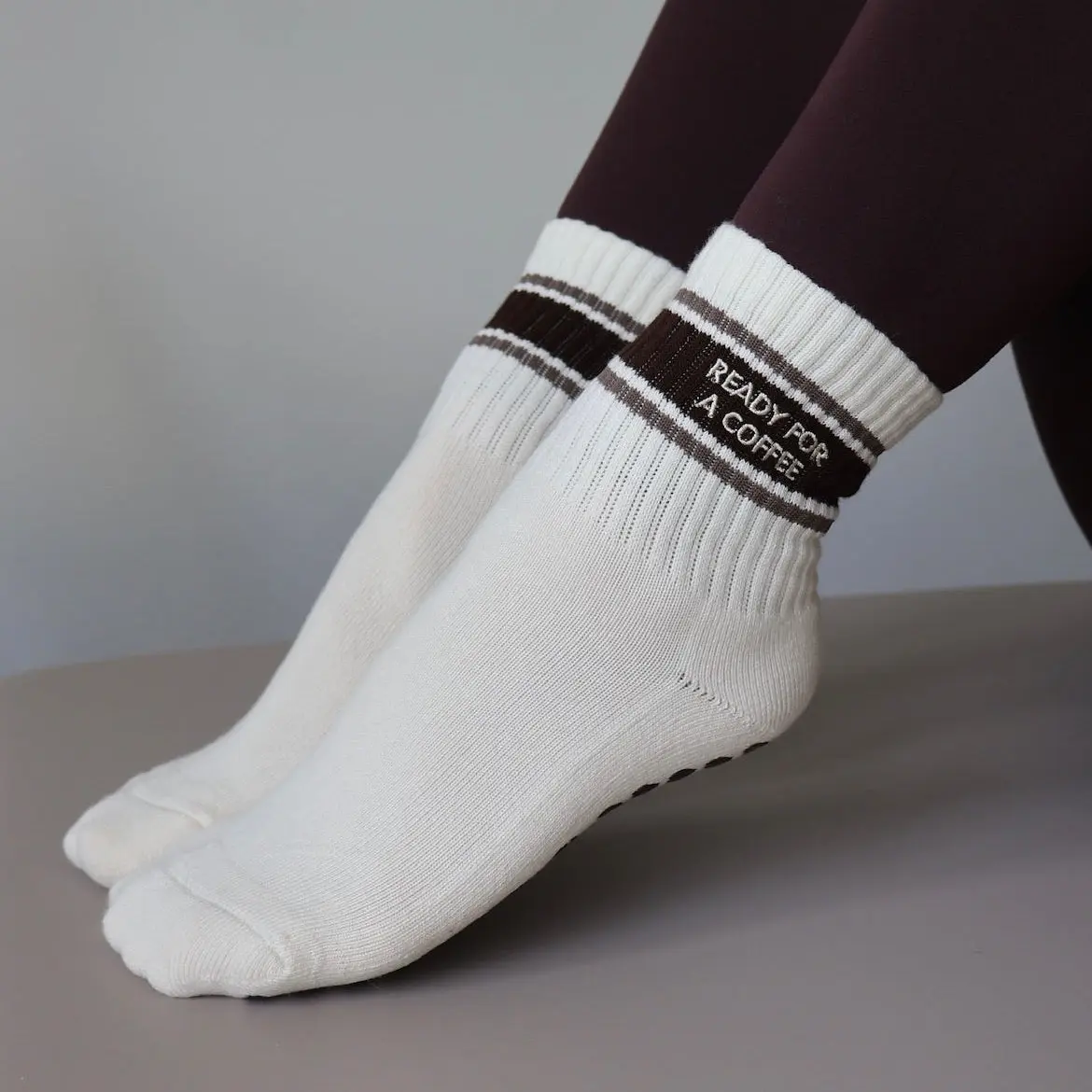 Ready for a Coffee Grip Socks Embroidered Striped Breathable Ribbed