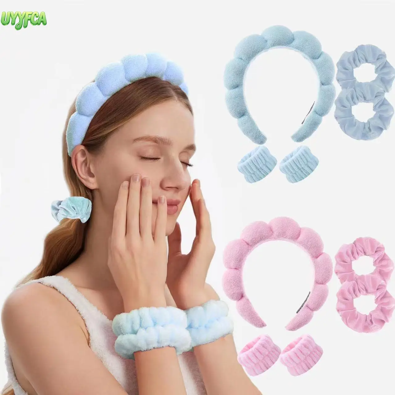 4pcs/Set Soft Puffy Cloud Spa Headband And Wristband Set, Soft Absorbent Towel Hair Accessories, No Slip Design,Includes Flower Clip,Cleaning, Makeup, Skincare, Travelling, Fits All Skin Types Hair Accessories, For Women, Beach vacation,Summervibes