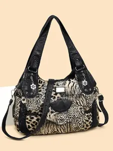New European Style Leopard Print Fashionable Crossbody Bag, Large Capacity Shoulder Bag, Adjustable Strap, Multi-Pocket Tote, Travel & Shopping Bag