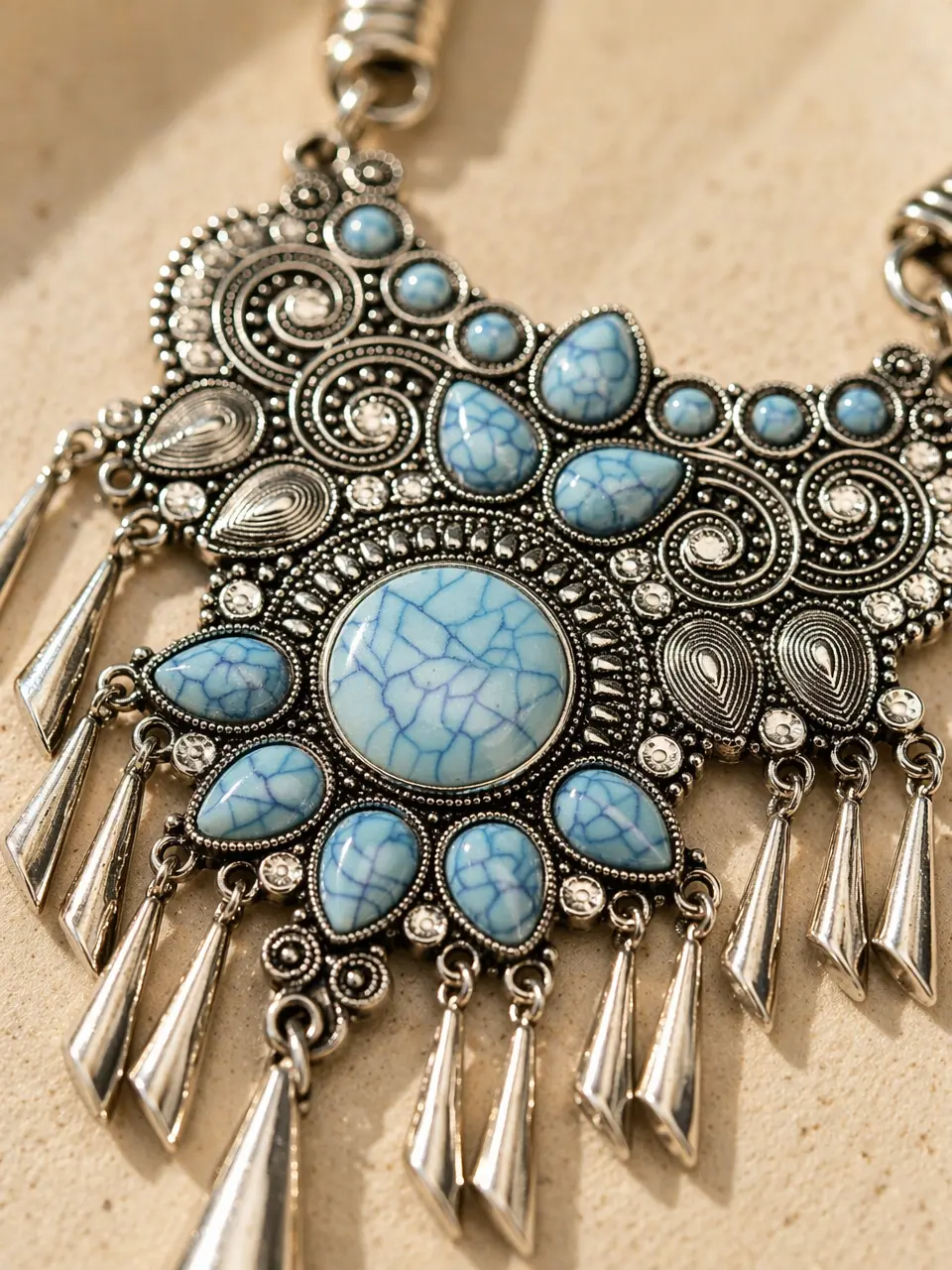 UA#20 Women's Retro Long Vintage Blue Stone Tassel Necklace with Metal Coating Spiral Chain, Single-Unit Boho Ethnic Outfit Accessory, Perfect Gift for Females, Casual, Daily, Hippie Style Necklaces, Boho Necklaces, Casual Wear