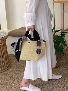 2026 New Rustic Woven Bag, Vintage Casual Handbag, Summer Beach Straw Basket, Color Block Handle Bag, Simple Versatile, Casual Trendy Handbag
