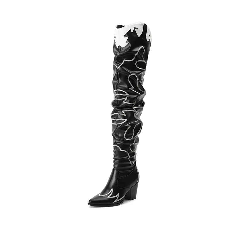 Dream Pairs Women's Slouched Western Embroidered Over-the-Knee Boots in Vegan Leather with a Pointed Toe & Block Heel for Concerts, Synthetic, Tpr Sole, Thigh High Boot, Party