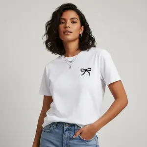 Women's everyday casual wear with a simple bow design Graphic T-Shirt - 100% Cotton Short Sleeve Crew Neck Regular Fit Casual Wear | Soft & Breathable Fabric, Durable Print, Everyday Comfort, Machine Washable, minimalist and casual indoor fashion display,