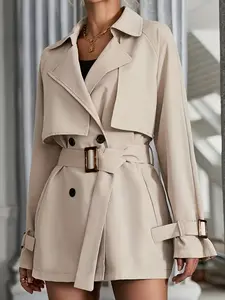 Women's Stylish Short Trench Coat Jackets, Fitted Double Breasted Design with Waist Tie Belt, Perfect for Commuting and Casual
