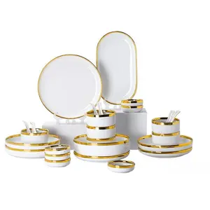 Luxury Gold Edge Ceramic Tableware Set, Gold Dinnerware Set, Modern Style, Modern Tableware Sets, 18/25 Pieces Suitable for 4/6 People, Elegant Choice for Anniversaries Birthdays Everyday Use