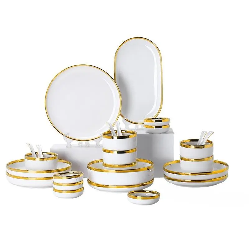 Elegant Luxury Gold Edge Ceramic Tableware Set, Modern White 18/25 Pieces Dinnerware for 4/6 People, Perfect for Anniversary Birthday Banquet Daily Family Dining, Modern Tableware Sets