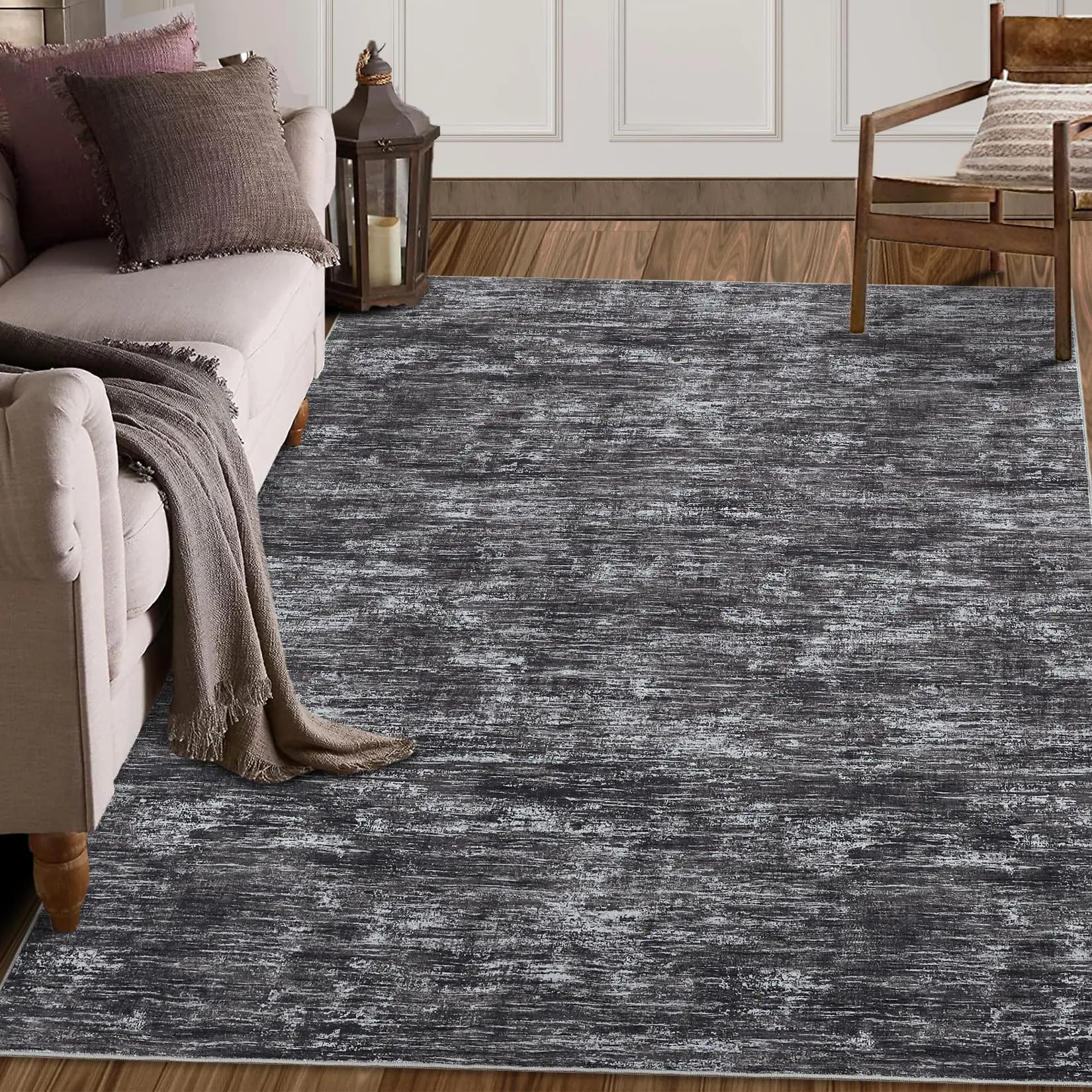 Garvee Solid Area Rug 5x7 for Living Room, Machine Washable Bedroom Rug, Non Slip Large Dining Room Modern Throw Carpet, Low Pile Stain Resistant Contemporary Area Rug for Office, Grey