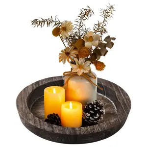Candle Plate Holder Tray: Round Wood Decorative Candle Plate Decor Farmhouse Table Centerpiece Rustic Wood Tealight Pillar Trays for Easter Christmas Wedding Halloween Home Decor