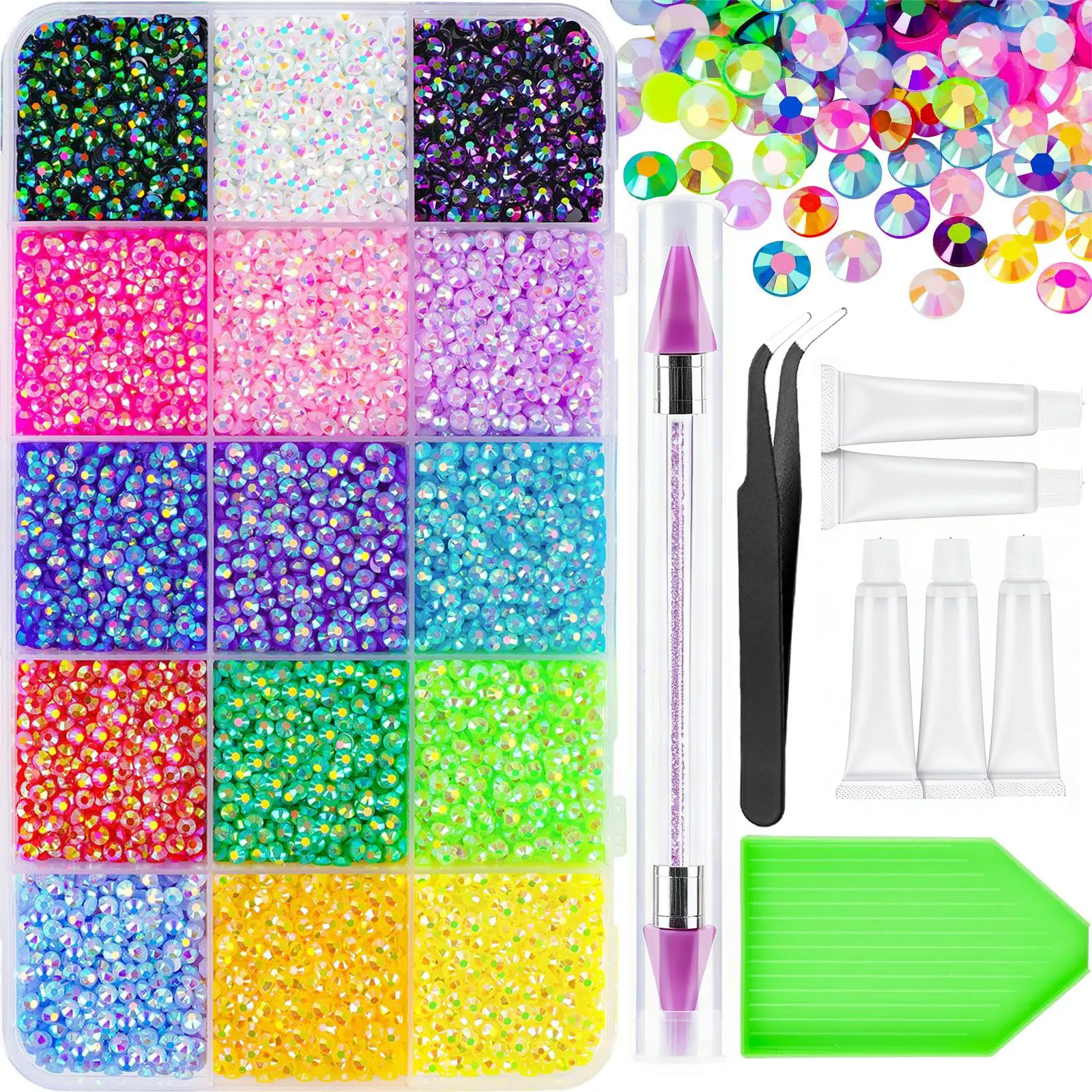 Flatback Plastic Rhinestone Bedazzling Kit, 20000 Pcs 3mm Multicolor Easy Apply Set with Picker Tools, Decorates Nails Eyes Phones Bags, Birthday Home DIY Nail Art Accessories (with Box)