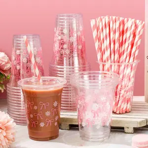 20pcs Bow Daisy Disposable Cups Set with Lids & Striped Straws, Cute Party Supplies for Baby Shower, Bridal Shower, Birthday, Valentine's Day, Wedding