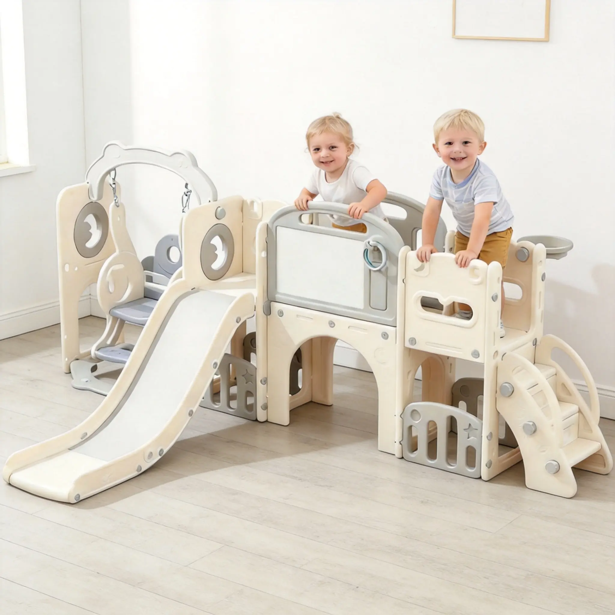 Unisex 12-in-1 Durable Toddler Play Equipment for 1-3 Years, Eco-Friendly Indoor/Outdoor Playset with Easy Set Up, Beginner Slide, Climber, Swing, Basketball Hoop, Foldable Sports Birthday Gift (White Grey)