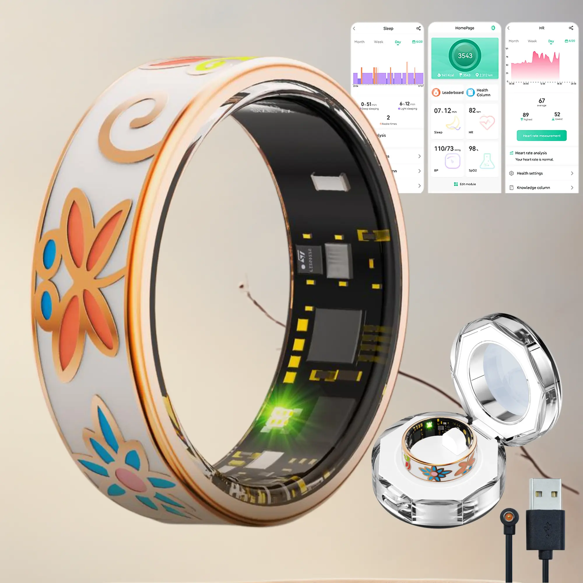 Floral Enamel Smart Ring for Women, Health Fitness Tracker, Activity tracking,Sleep/Steps/Heart Rate/Blood Oxygen/Blood Pressure/Calories Monitor, Waterproof,5-day Battery Life,No subscription fees,Android iOS Compatible,Remote photo, Workout Wearable tik
