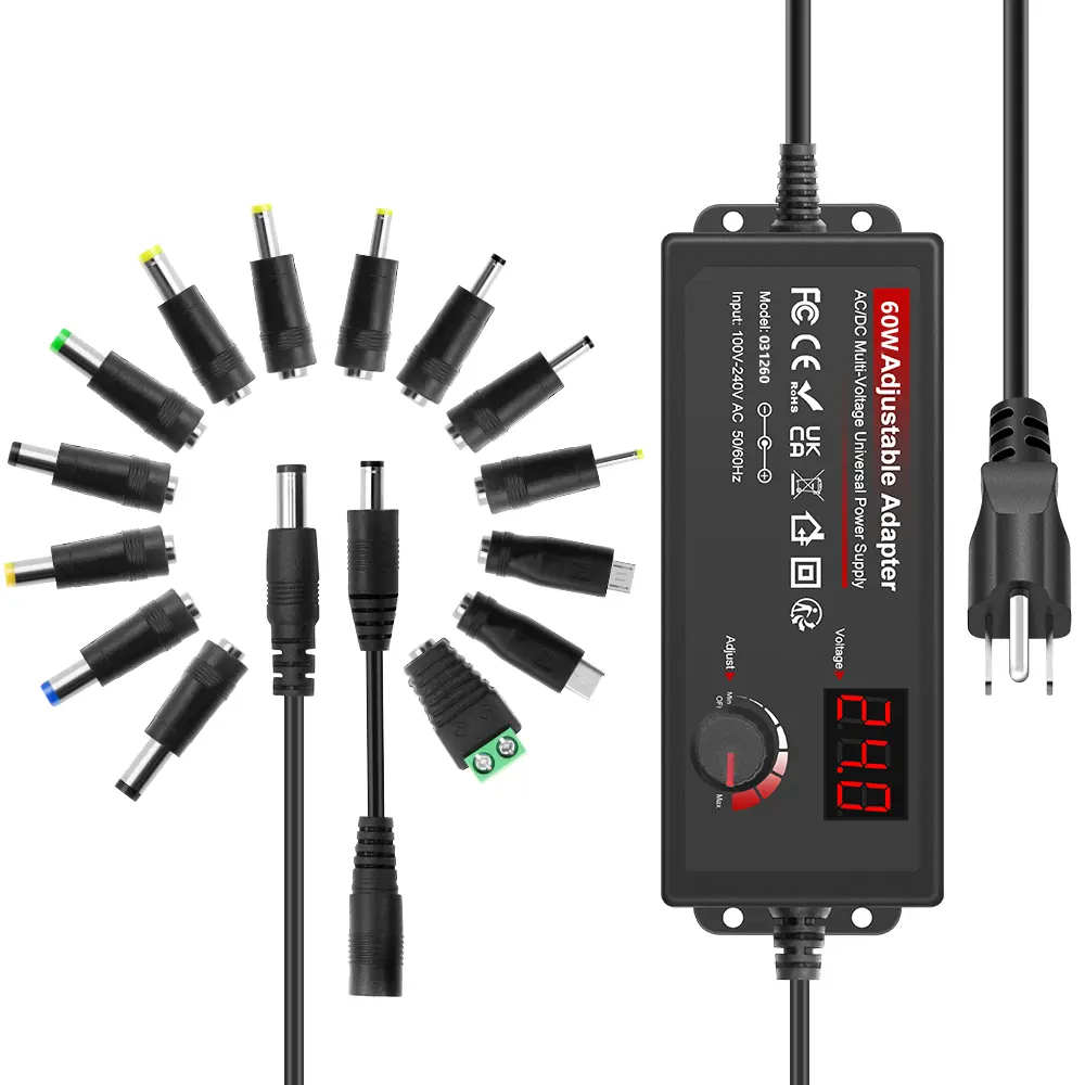 60W Universal Adjustable DC Power Supply Adapter - AC 100~240V 50/60Hz to Converter, 3~12V Voltage, Max 5A 60W Current, 14 Tips & Polarity Converter, LCD Display for DIY Projects, LED Strips