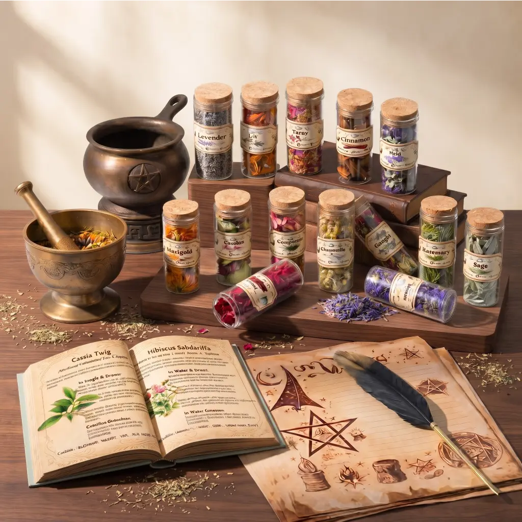 30-Piece Exquisite Nature Magical Herbal Botanical Apothecary Kit - Glass Vial Collection with Starter Tools, Bay Leaf, Lemongrass, Lavender, Jasmine-Infused for DIY Crafting, Aromatherapy Tarot Gift Box Set
