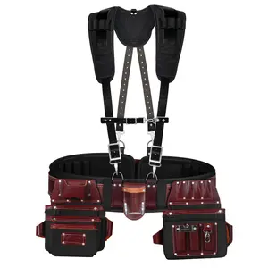 FUERI Tool Belt for Men with Suspender, Heavy Duty Nylon and Leather 26 Pockets Maroon and Black comes with Comfort Padded Belt,Spacious Pouches,Hammer Holder, Suspender Loops and Suspender for Carpenter Construction Electrician