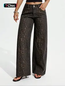 Women's New Trendy Leopard Print Wide Leg Straight Pants, Fashion Versatile Denim Long Pants, Casual Everyday Fitted Jeans for All Seasons