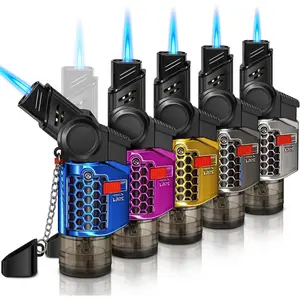 5 Pack of Torch Lighter, 30 °   & 45 °   Rotatable Jet Flame, with Safety Lock, Butane Gas Refill, Mini Butane Lighters for Candle, Stove, Fireplace (NO Batane Gas)