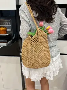 Large Capacity Cotton Rope Woven Tote Bag for Women, 2026 Spring Hollow Out Straw Shoulder Bag, Beach Vacation Crossbody Bag