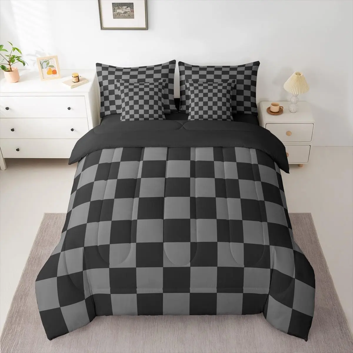 Checkered Retro Comforter Set 7 Pieces Black Grey Plaid Bedding Set Geometric Vintage Bed in a Bag Modern Simple Groovy Aesthetic Bedroom Decor Quilted Lightweight