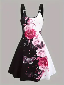Elegant Butterfly Floral Print Halter Party Dress with Ring Detail, Round Neck Design, Stylish Chic Women's Fashion, Perfect for Special Occasions