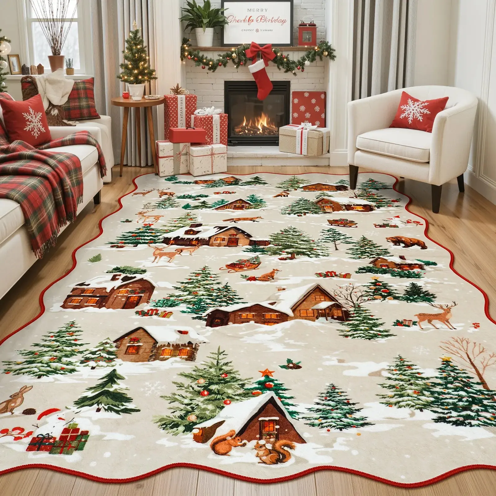 Christmas Retro Tree Reindeer Print Carpet, Large Area Rug for Living Room Bedroom Sofa, Washable Non-Slip Plush Mat, Holiday Decor