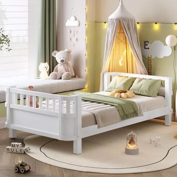 Bellemave Queen Size Pine Wood Platform Canopy Bed - Baby Furniture with Safety Rails, Round Edges, Detachable Fence - Ideal for Toddler Pod Beds, Bassinet Bedside Sleepers, Bassinet Bedside Sleeper, Pine Bed Frames