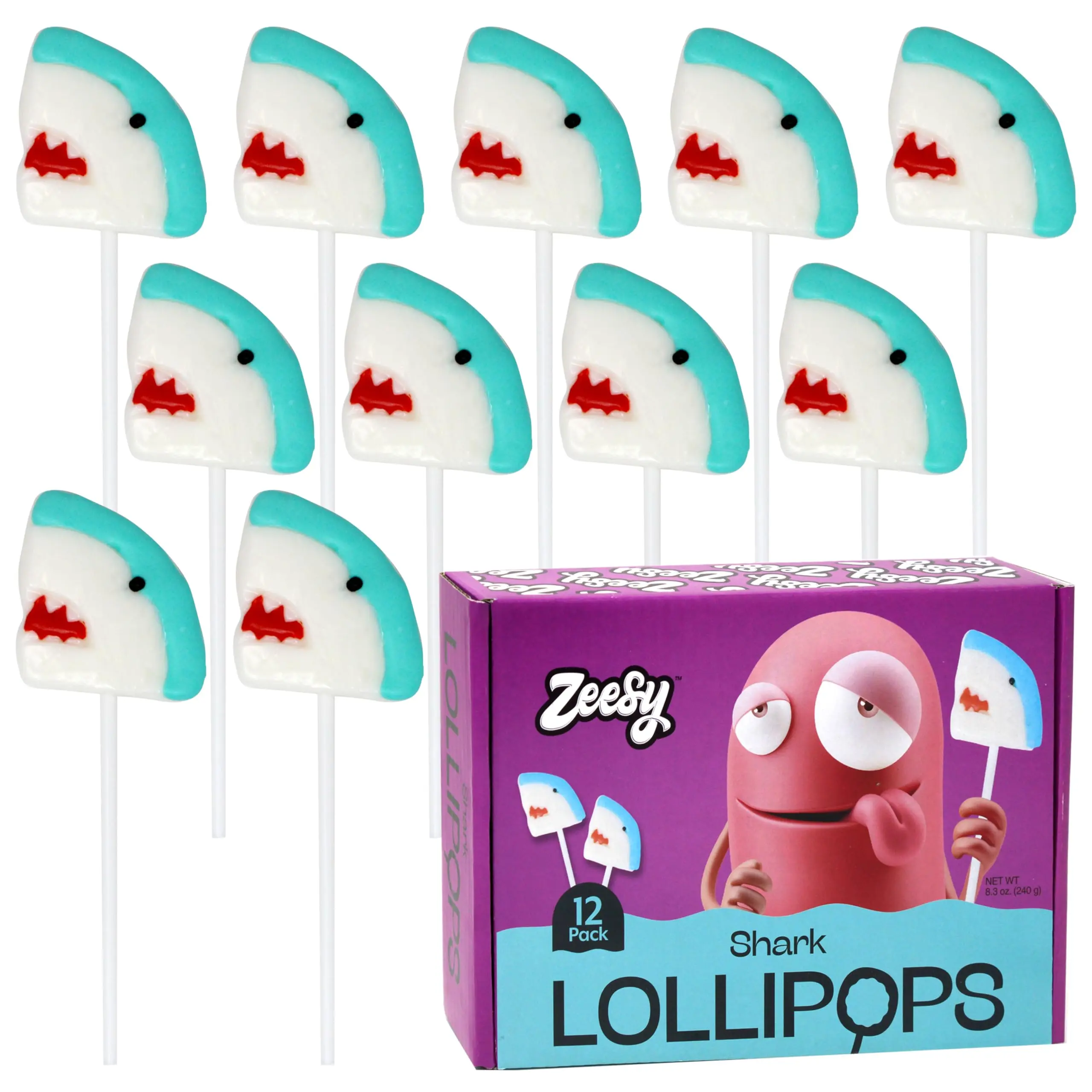 Zeesy Shark Lollipops - 12 Pack Individually Wrapped Ocean Candy Suckers for Birthday Parties, Classroom Prizes & Marine Themed Events