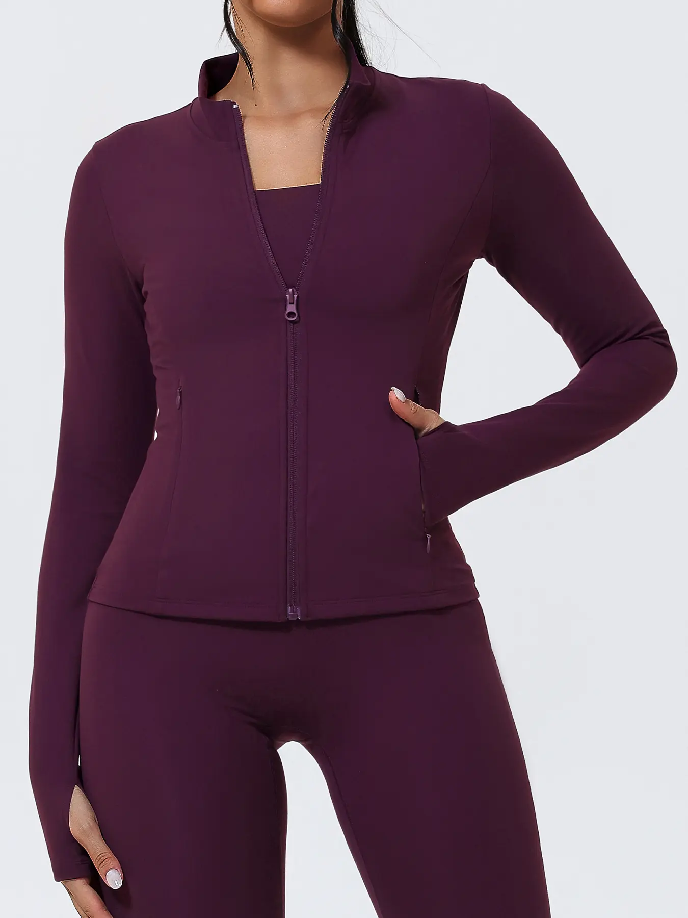 Women's Stand Collar Zipper Sports Yoga Jacket, Windproof Slim Fit Long Sleeve Running Outerwear, Pockets Design, Polyester Spandex Fabric Jacket, Jackets for women, Zippered Jacket, Workout Jacket, Fitness Outerwear