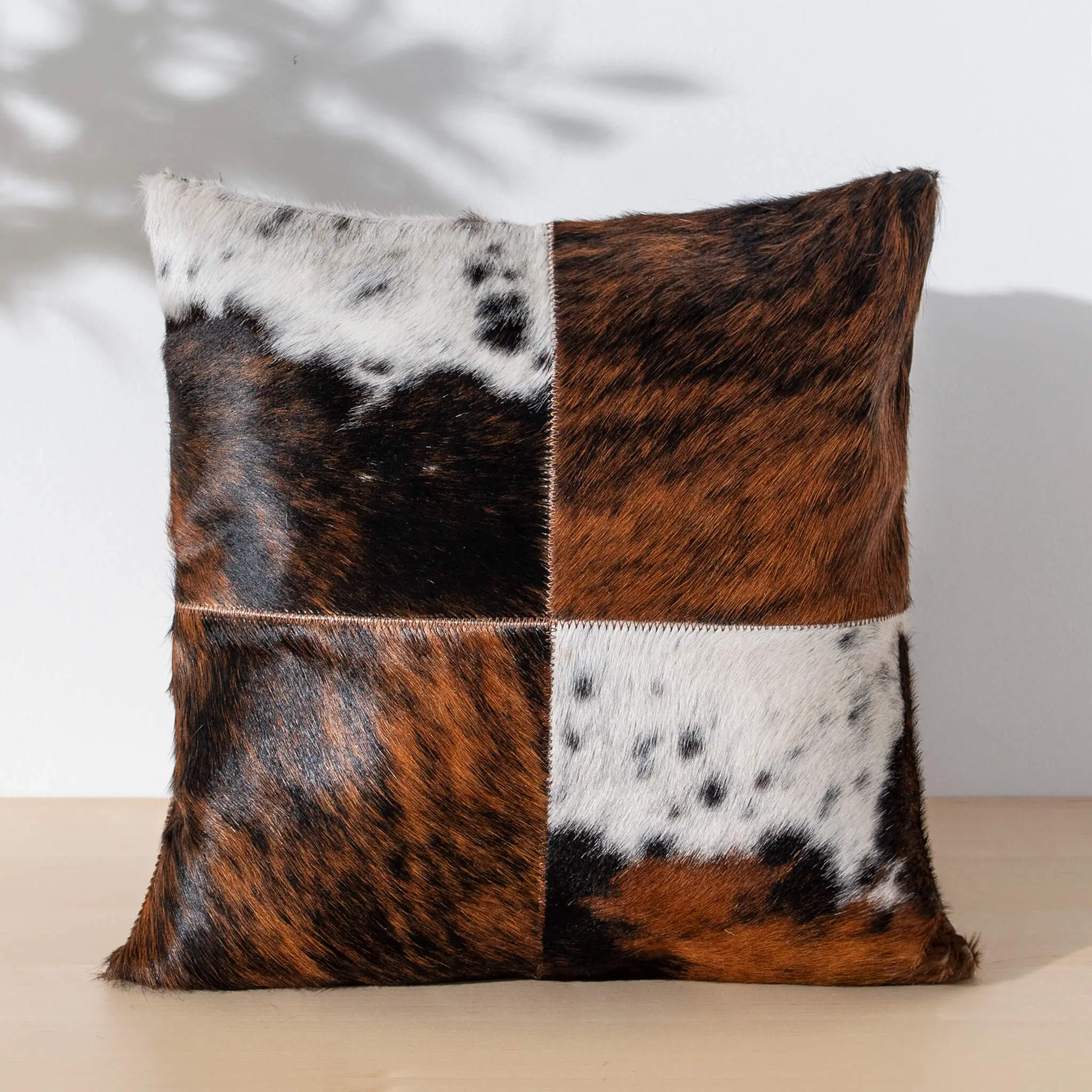 Unique Western Accent Piece - Tricolor Cowhide Pillow - Handcrafted 4-Panel Leather Design