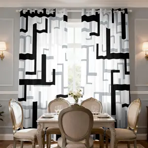 2-piece modern simple black and white gray geometric line printing filter translucent curtains suitable for machine washable decorative curtains in living rooms, bedrooms, kitchens, etc. Window Curtain