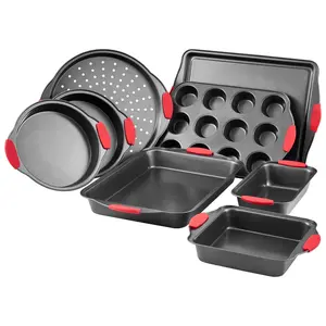 VEVOR Baking Pans Set, TikTokShopBlackFriday, 8-Piece, Nonstick Carbon Steel Cookware Sheets & Trays, Stackable Kitchen Oven Bakeware Cooking Sets with Silicone Handles, Easy to Clean, for Baking Cookie Cake Muffin Bread