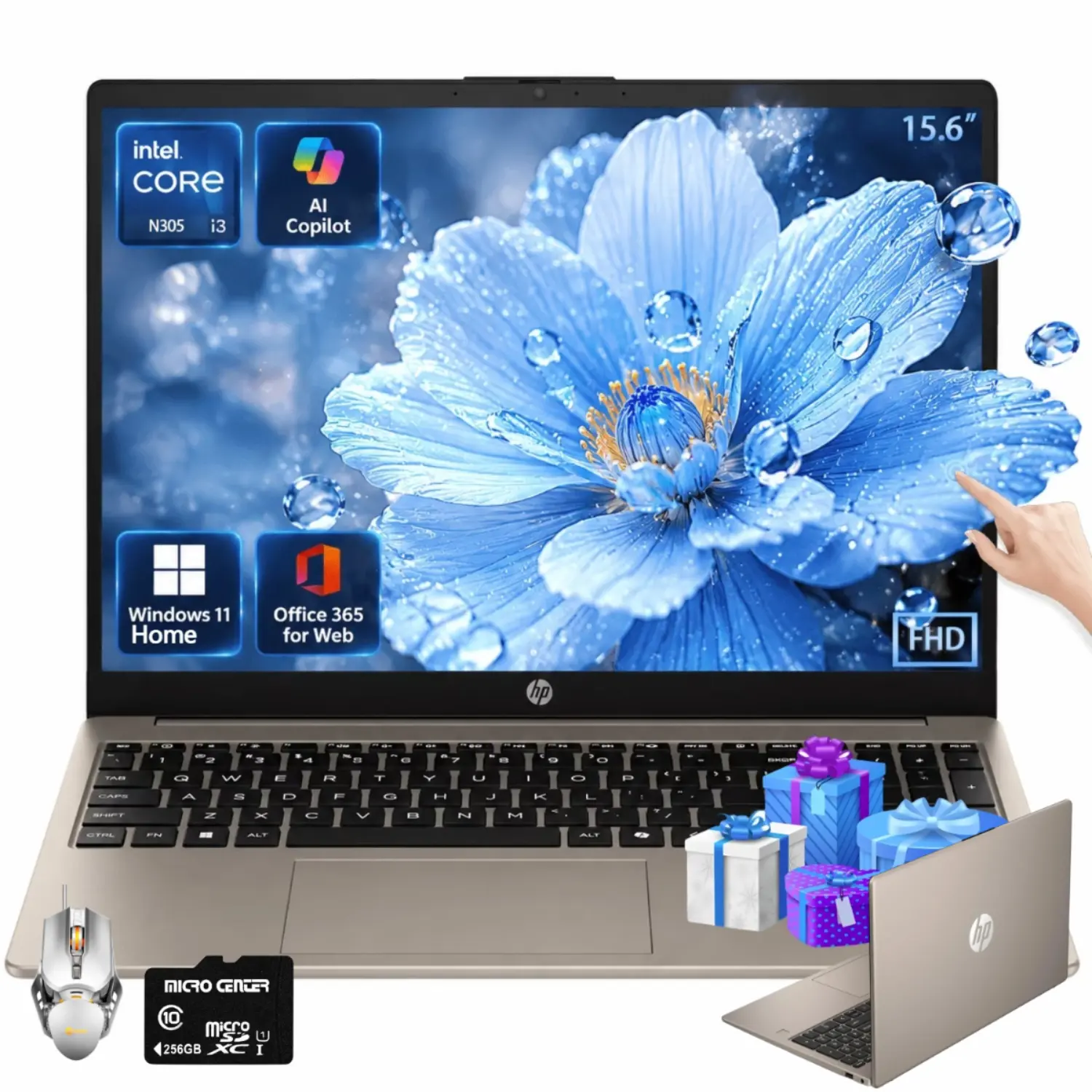 HP 15.6" FHD Touch Screen Laptop (d1523) - Intel Core i3-N305, Up to 32GB RAM, 512GB SSD, Intel UHD Graphics, Windows 11 Home, Wi-Fi 6, Bluetooth 5.3, for Students/Biz, with Bundled Accessories