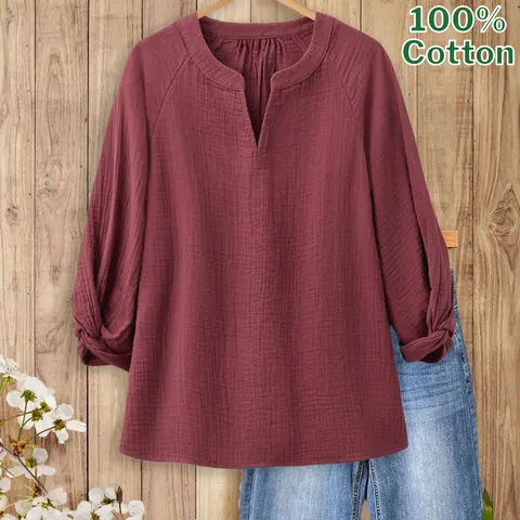 SageVell Women's 100% Cotton Fabric Basic Blouse - Round Neck, 3/4 Length Knot-Cuff Sleeves, Soft, Minimalist, Textured Cotton Top for Evening, Party