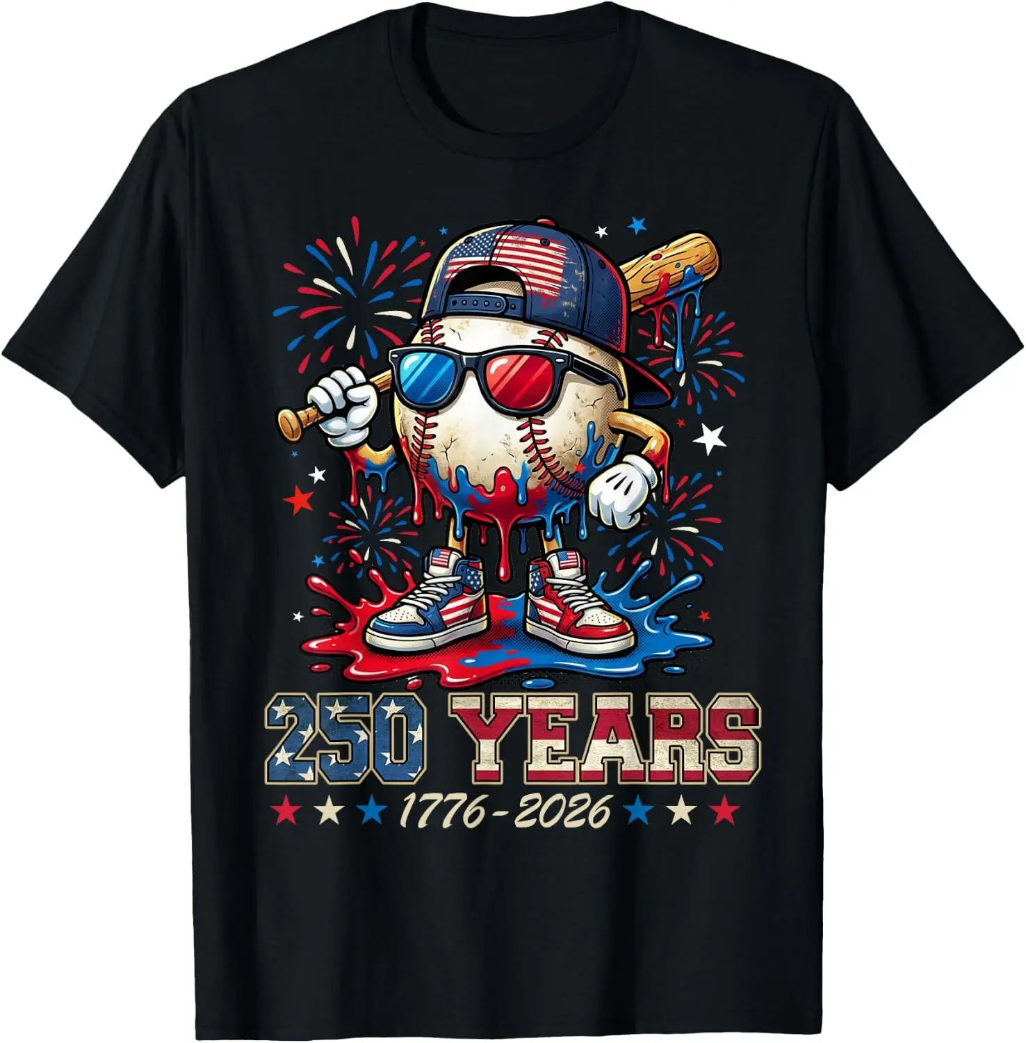 250 Years Boys Girls Cool Baseball Ice Cream Drip for 4th of T-Shirt Kids graphic tee