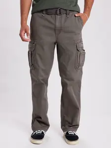 Men’s Relaxed Fit Cargo Pants – Vintage Wash Cotton Twill Utility Trousers with Belt, Multi-Pocket Casual Streetwear Pants