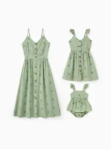 Matching Floral Cotton Dresses for Mom & Me Button-Down Smocked Floral Strap Dress for Mom, Baby Girl Ruffle Dress with Bow, Perfect for Summer Family Outings & Photos Pale Green