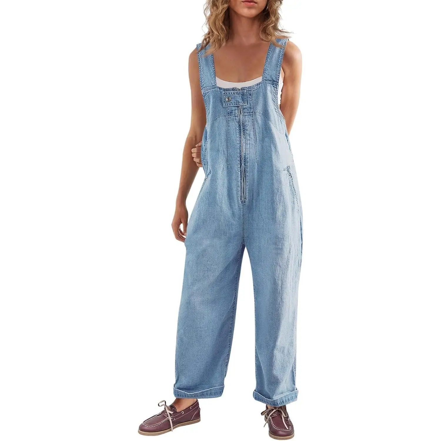 Lannew Womens Casual Denim Bib Overalls Wide Leg Sleeveless Zipper Loose Jean Pants Jumpsuits with Pockets