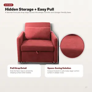 Red 1-Piece Convertible Sofabed Chair, Compact Indoor Furniture for Small Sofa Sets