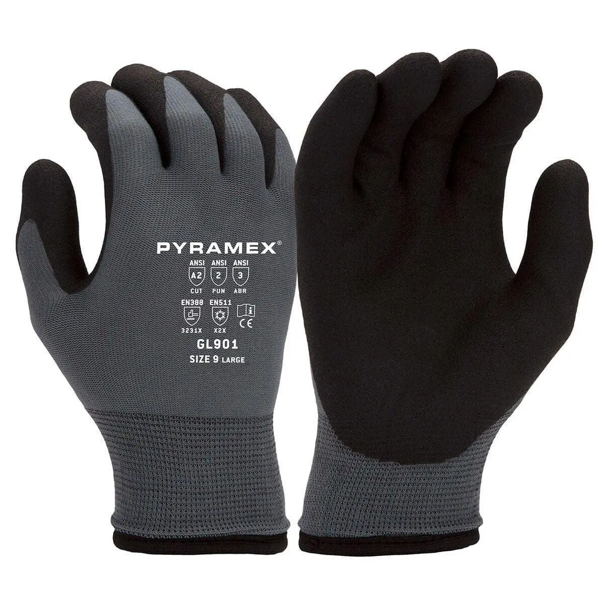 Pyramex GL901 Cuffed Safety Work Gloves - Insulated, A2 Cut-Resistant Dipped, Bacteria & Odor Control, EN511:2006-X2X Certified for Outdoor Activities & Food Processing