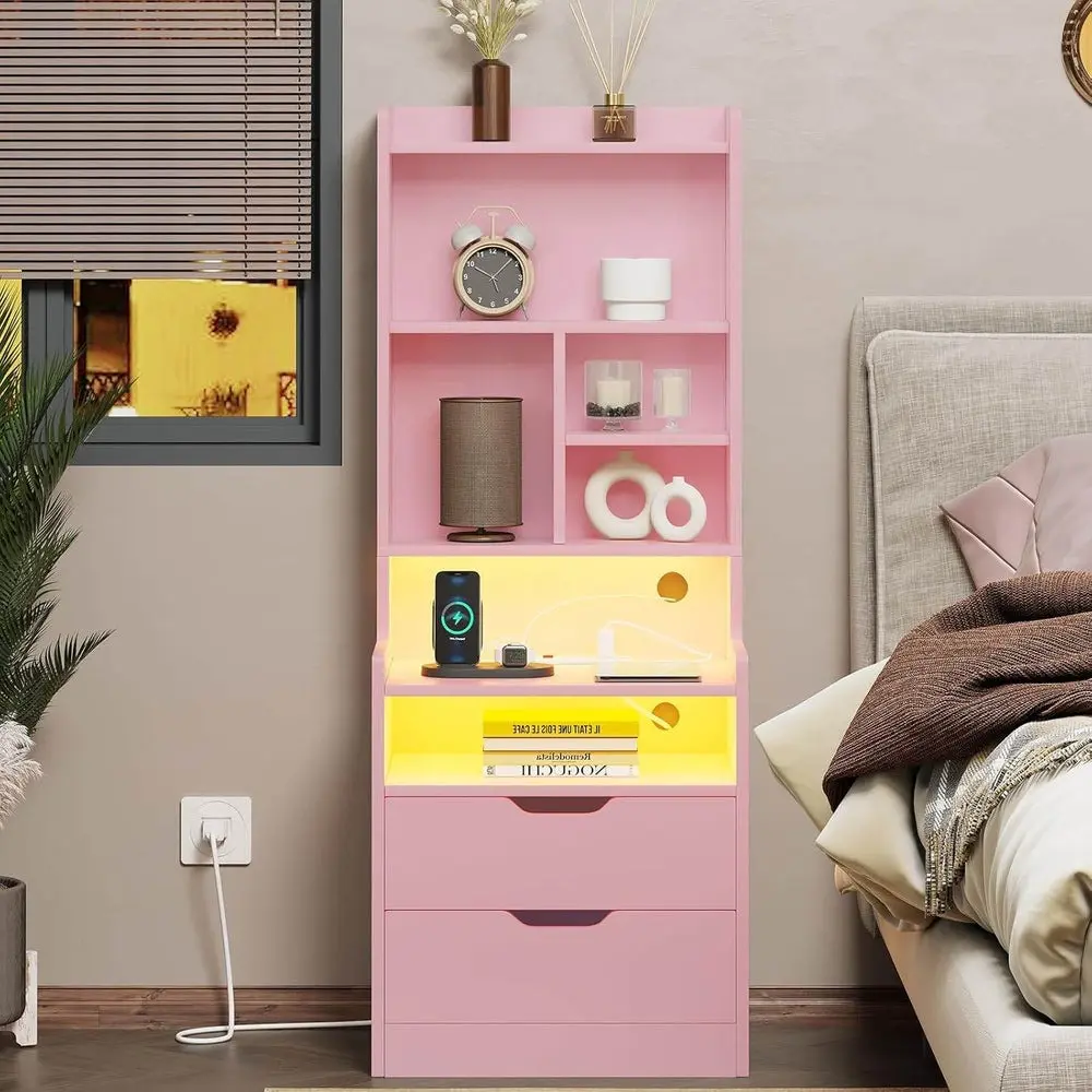 [SummerSale] Sikaic Tall Night Stand with Charging Station and LED Lights, Nightstand with Bookshelf, Bedside Table with Drawers & Power Outlets, End Side Table for Bedrooms, Home Furniture, Dorm Essentials