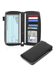 Leather Zipper Checkbook Cover, RFID Blocking Wallet, Cowhide Material, Unisex, Multiple Compartments, Card Slots, Luxury Design