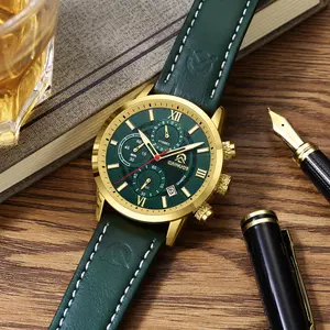 CAINUOS Men's Chronograph Watch - Emerald Green Dial with Gold Accents, Vintage-Inspired Leather Strap, A Timeless Fusion of Elegance and Function