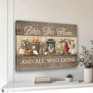 2D Flat Framed Kitchen Wall Art, Farmhouse Brown Bless This Home Picture, Wall Decor with Food and Daisies, Canvas Print Poster for Dining Room Rustic Christian Inspirational Home Decor