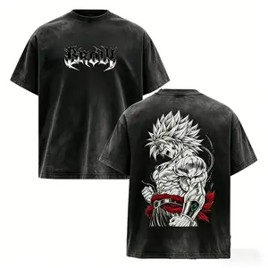 Men's Broly The Legendary Vintage Washed Oversized Ribbed Seamless Short-Sleeve Graphic Tee - DBZ Double Printed Heavyweight Cotton Unisex Casual Classic Streetwear Top, Gym Pump Cover, Anime Fan Gift