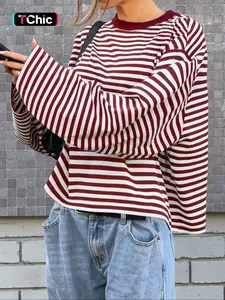 Women's Casual Loose-Fit Striped Long Sleeve Oversized Top, Trendy Street Style Round Neck Pullover Womenswear