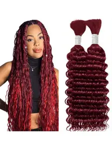 99J# Boho Hair For Braiding Deep Wave Human Braiding Hair 1-3Pack 100g-300g 14-28 Inch  Bulk Human Hair Braiding Hair for Boho Braids Knotless Deep Wave Bohemian 2 Bundles/Pack Burgundy Color Deep Braids